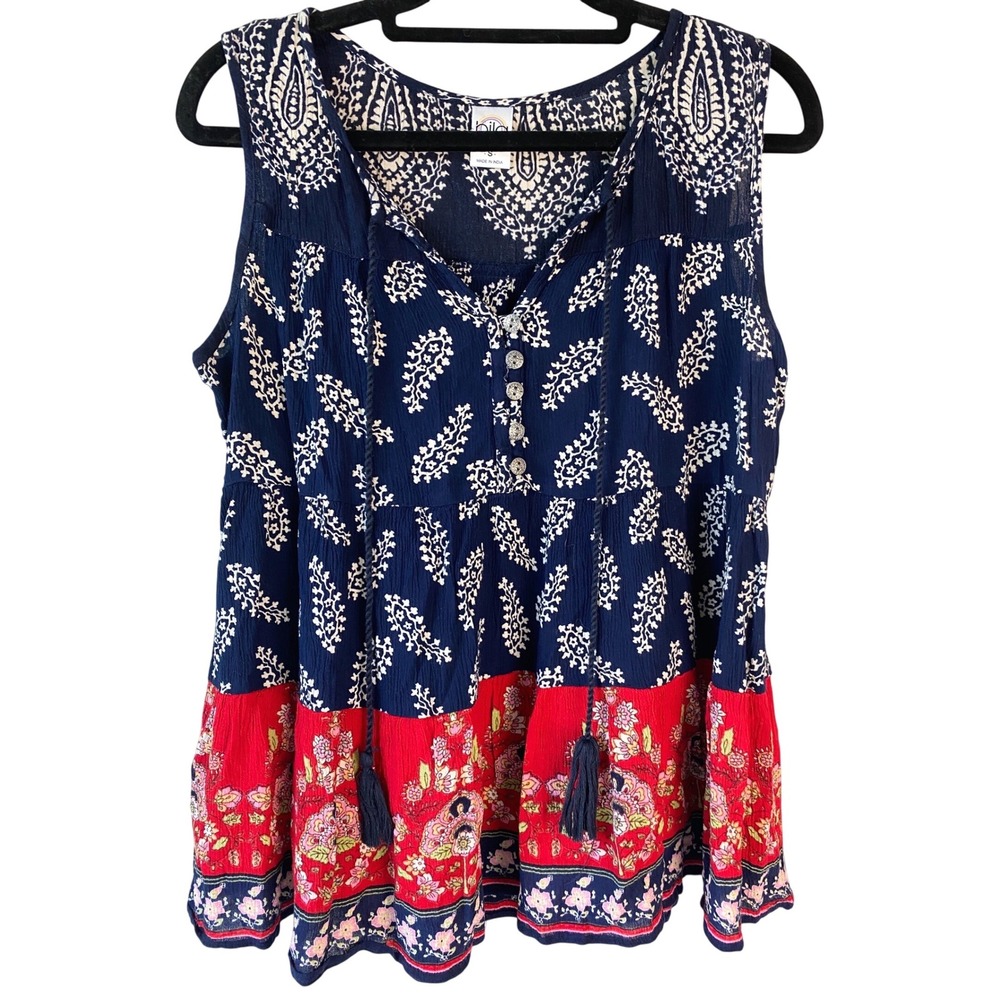Bila Womens Sleeveless Blouse S Navy Red Boho Paisley Festival Tiered Tassel Top